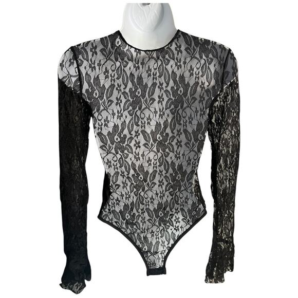 Commense long sleeve crossover front sheer black floral lace bodysuit Small NWT - Picture 2 of 6